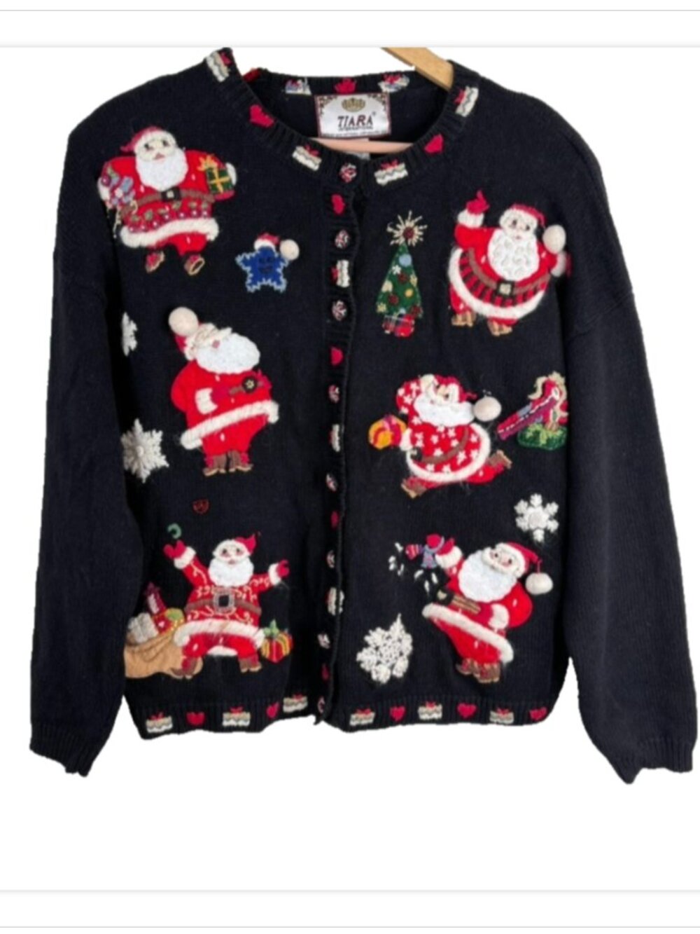 VTG Tiara Christmas Sweater M Black Cardigan Santa Embroidered Beaded Granny